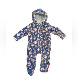 Cozy Blue Baseball Print Footed Onesie